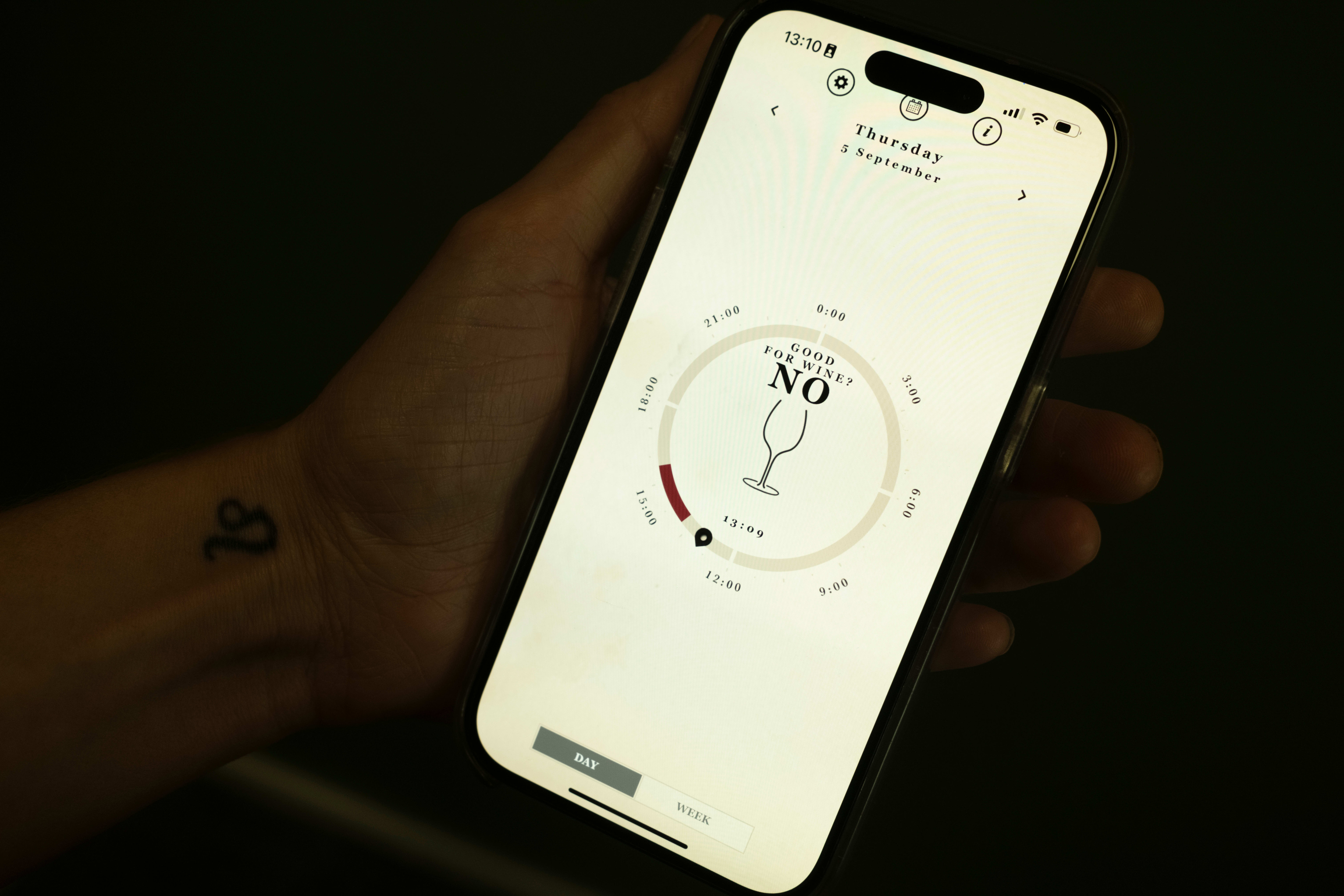 Ifølge «When Wine Tates Best» er 5. september ingen god dag for vin, med unntak av tiden mellom 14 og 16. Det står ikke hvorfor, i hvert fall ikke i gratisversjonen av appen. 