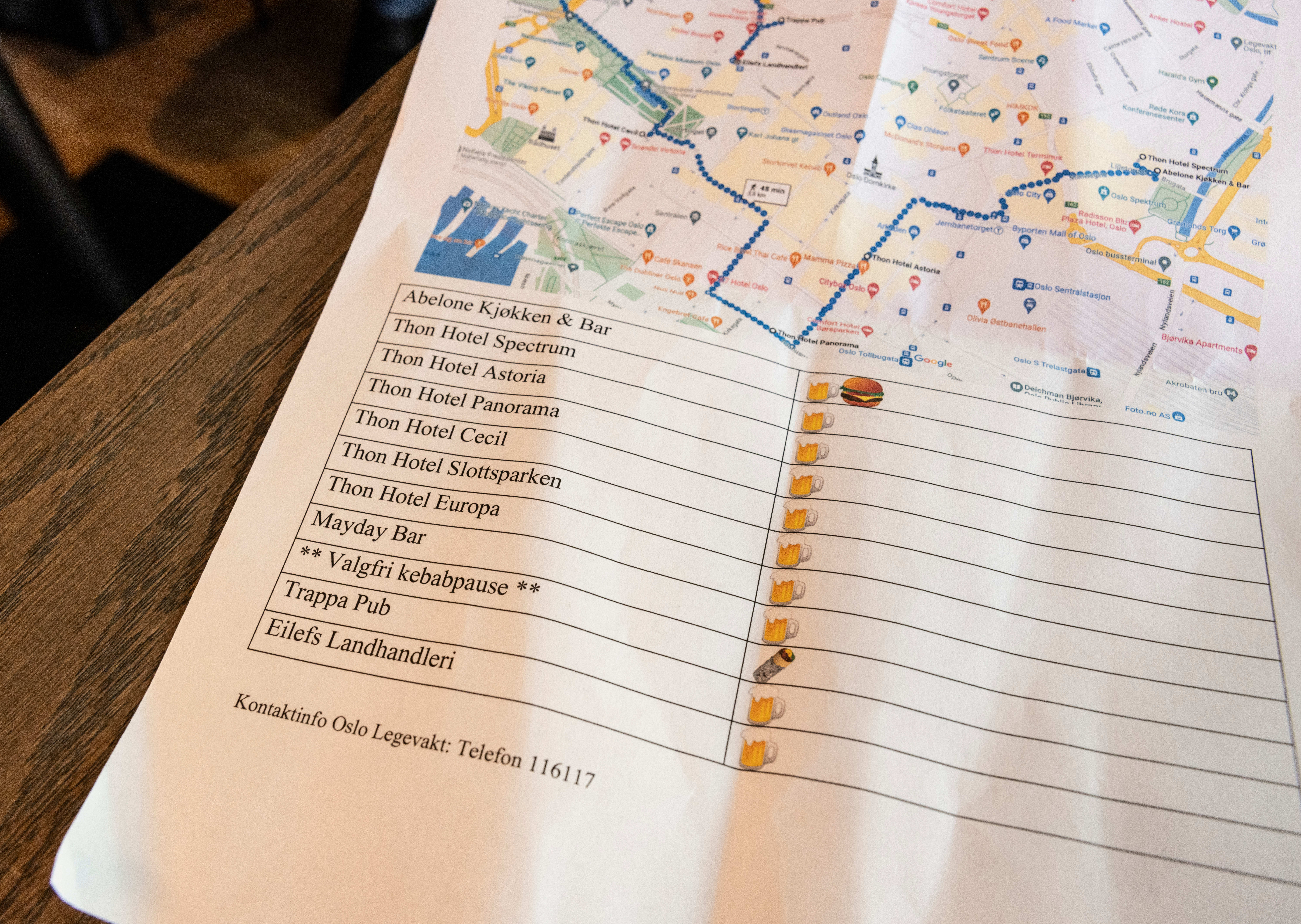 Her er den planlagte ruten for kvelden. Alt gikk ikke helt etter planen. 