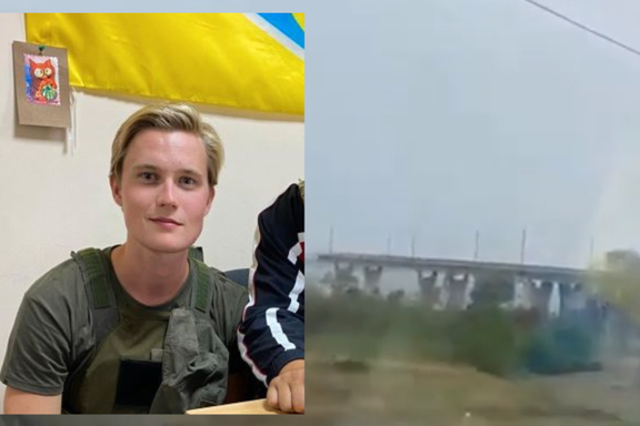 Her kjører nordmannen foran den sprengte broen i Ukraina : – Man hører artilleriild hele tiden