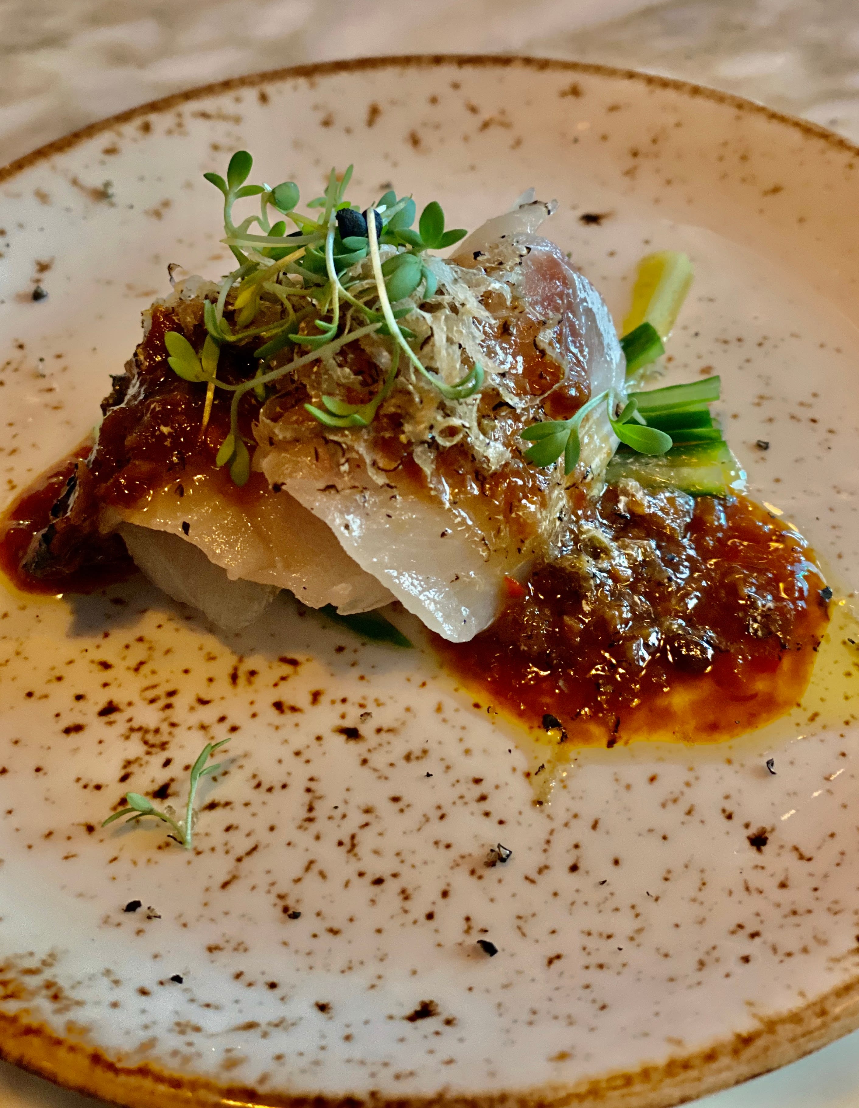 Herlige biter hamachi med agurksalat og en saus laget på ingefær, chili og trøffel. 