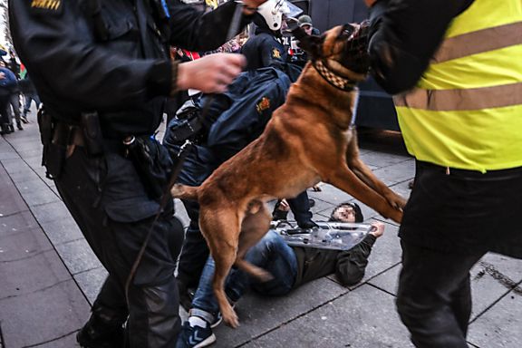 Demonstrantene barket sammen i Oslos gater lørdag. Politiet svarte med hester, tåregass og hunder.    