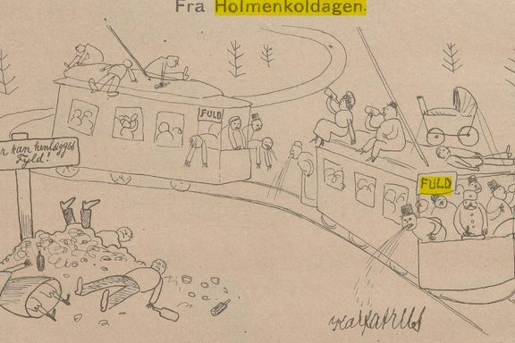 Tegningen fra 1913 viser hvor gammel tradisjonen med Kollen-fylla er