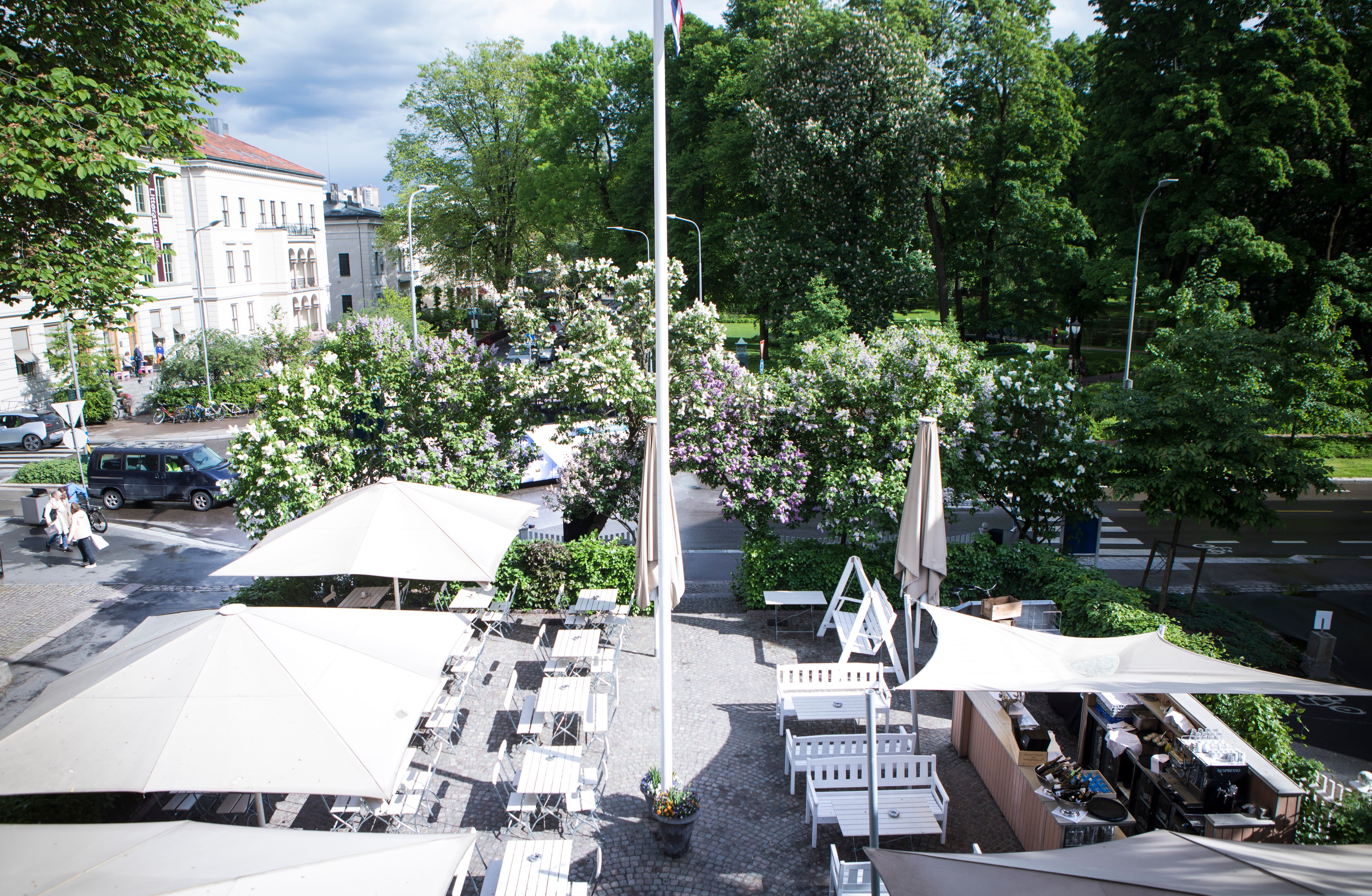 Store, lyse parasoller over uteserveringen. 