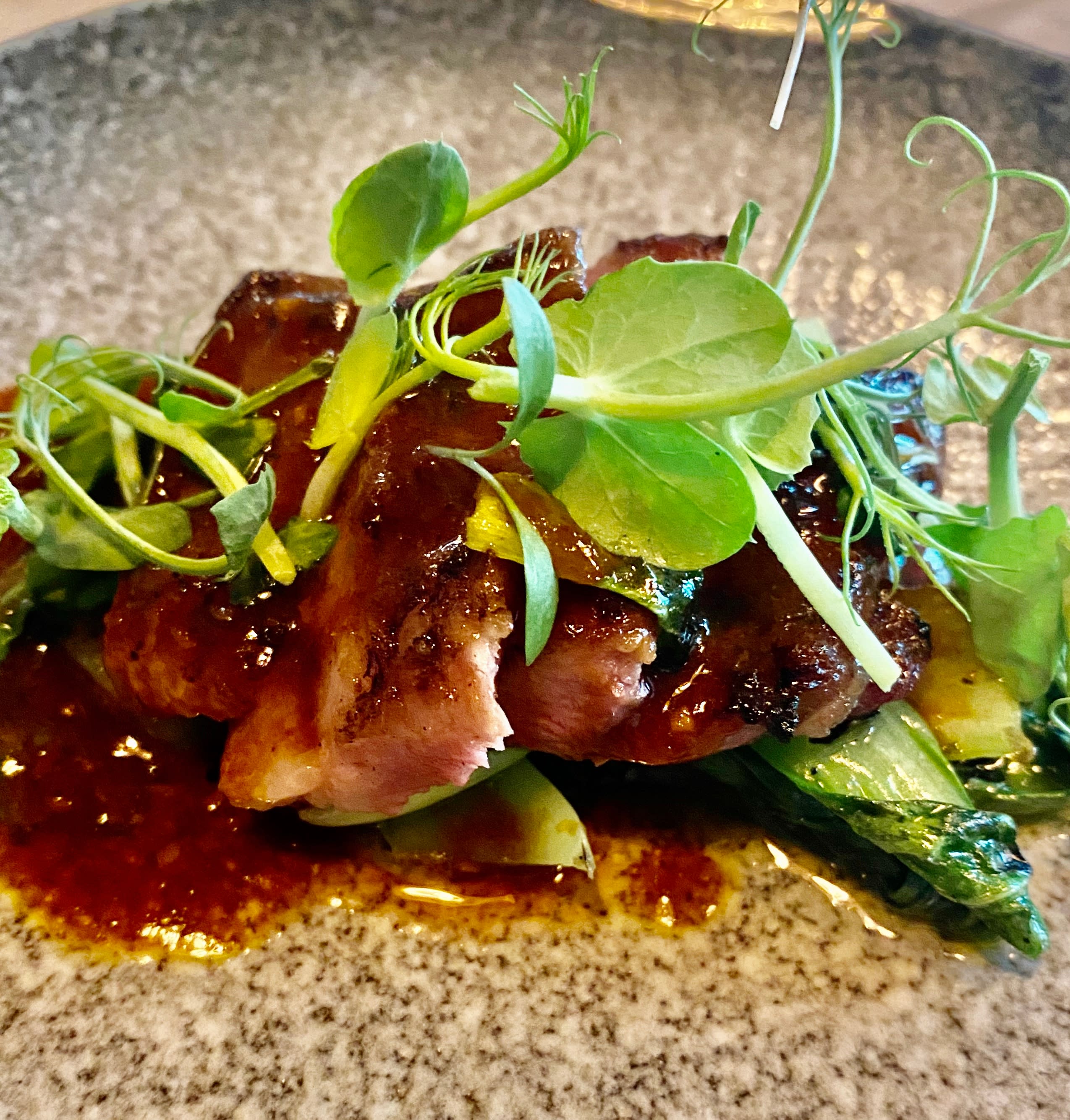 Iberico med pac choy og peppersaus. 