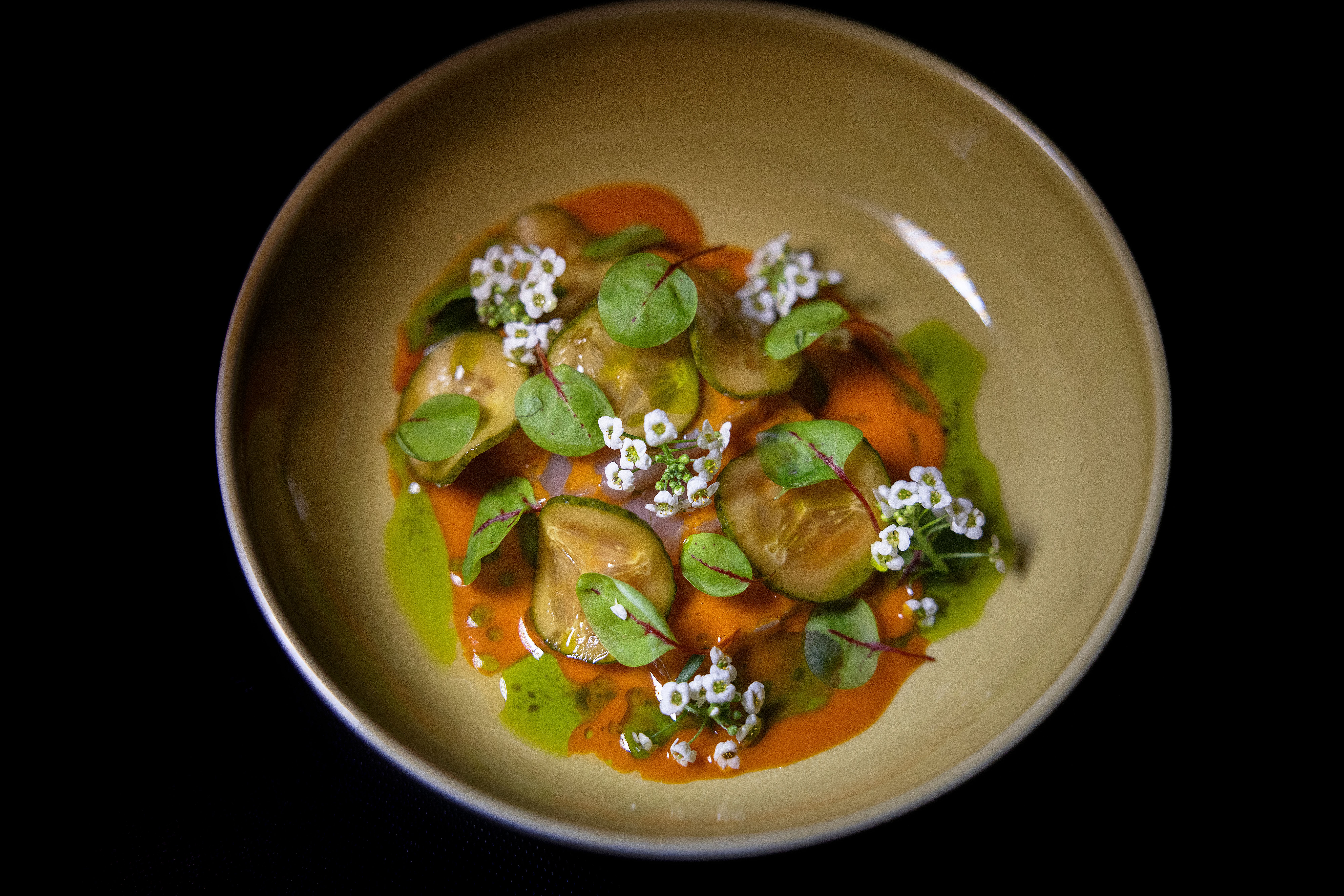 Yellowtail tuna med agurk og mynteolje smaker godt. 