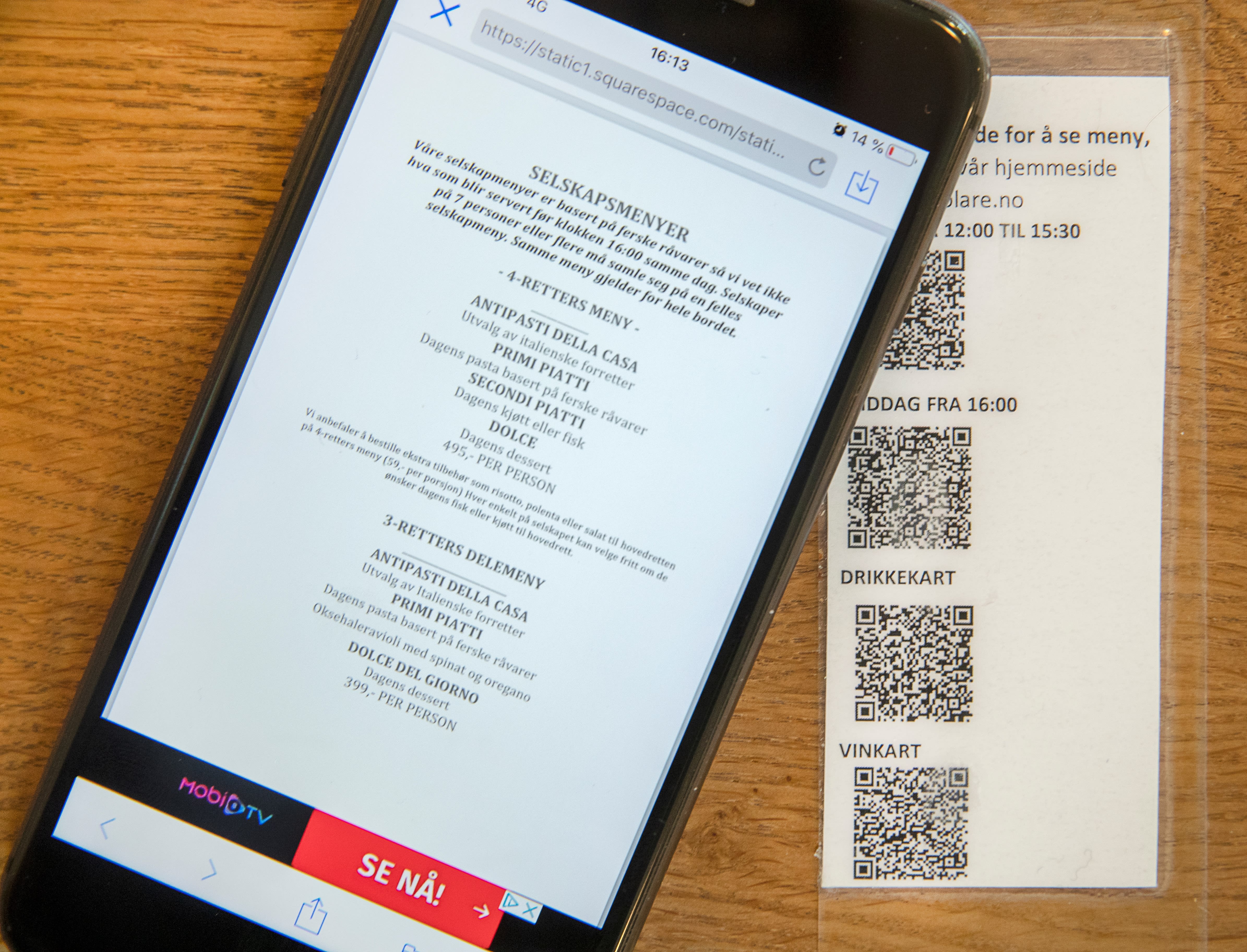 Du kan laste ned menyen til Trattoria Popolare via mobilen.