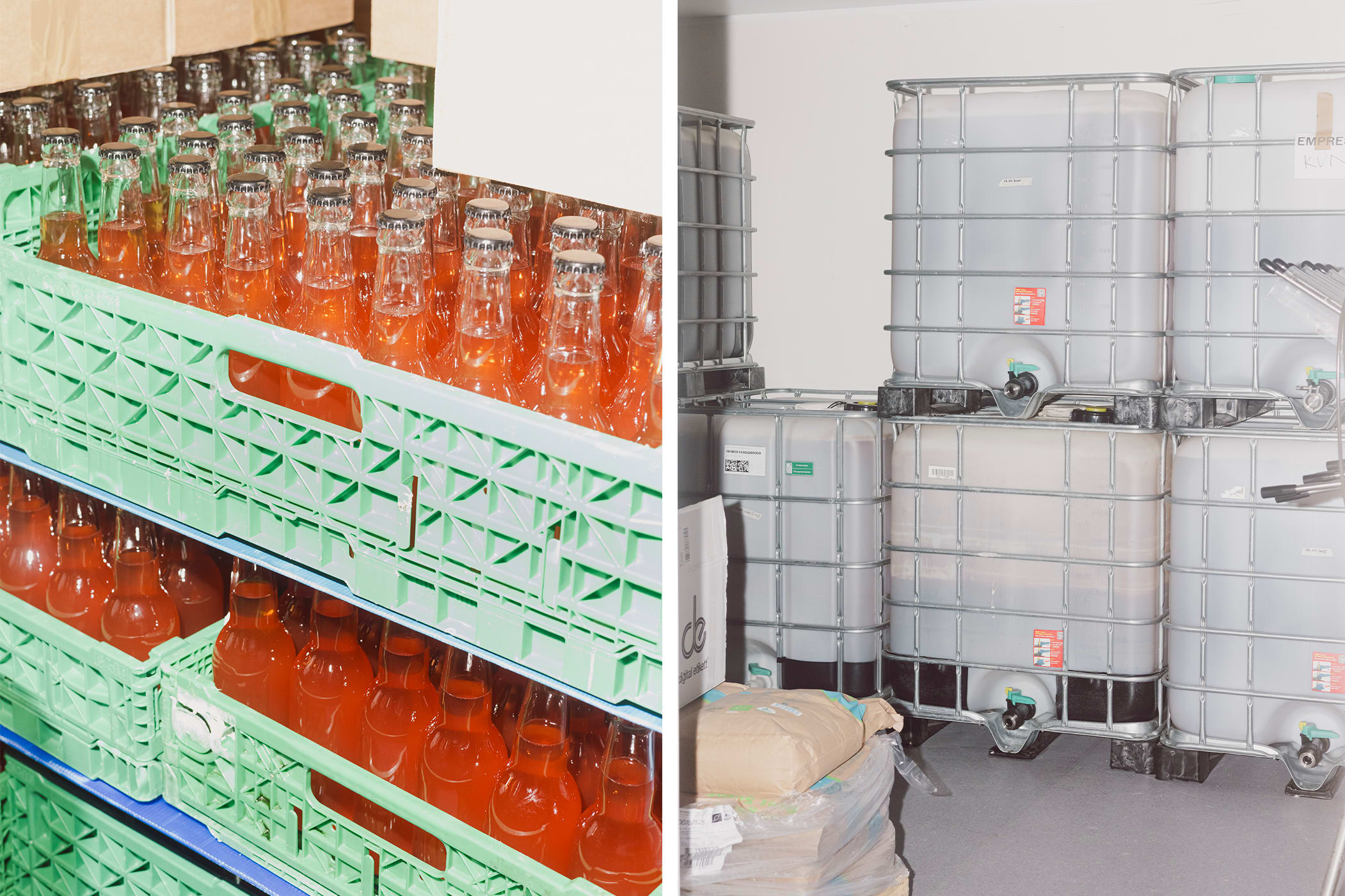 Kombucha som er klar til å få etiketter. Store dunker med Kombucha på bryggeriet til Empress.