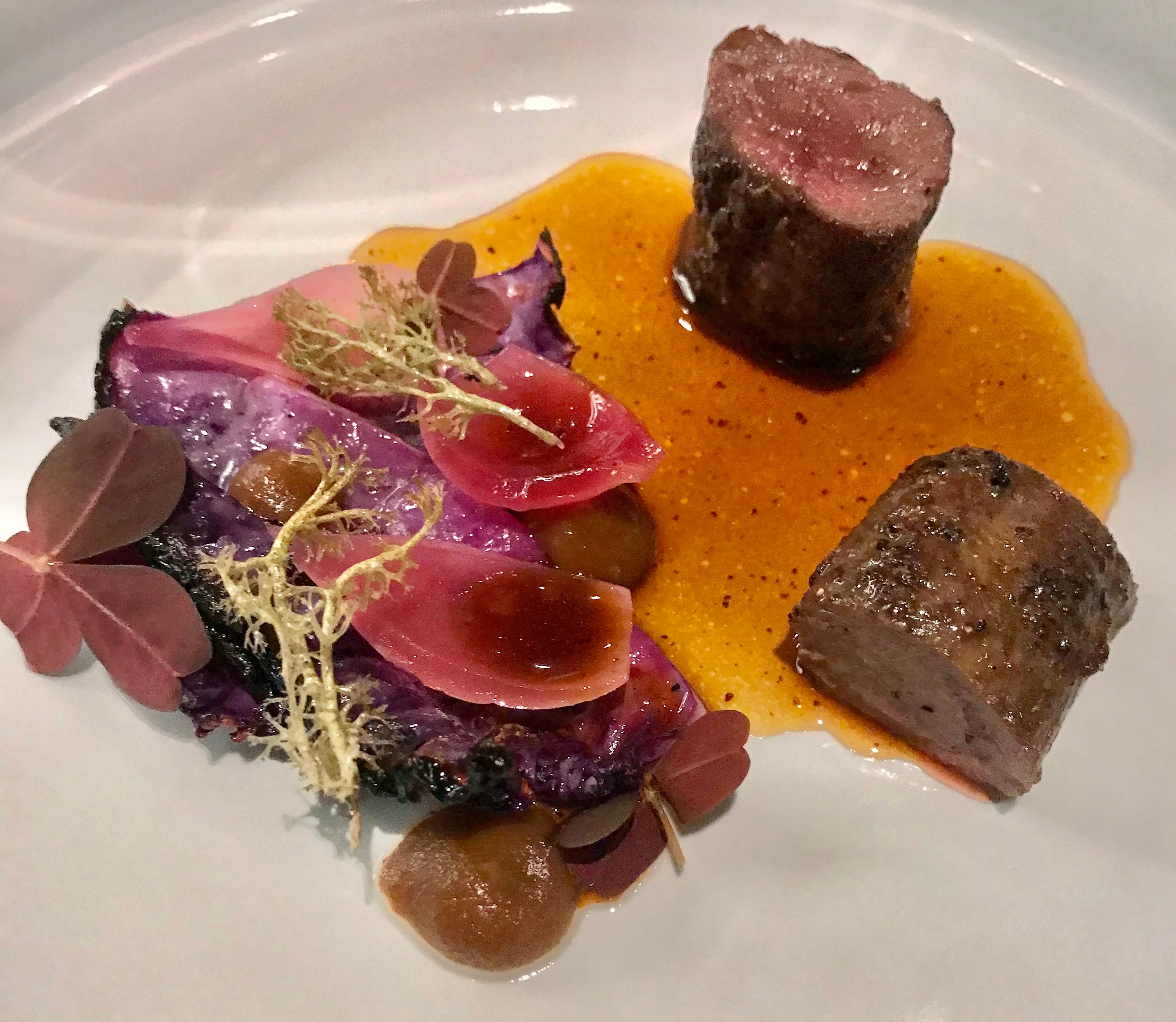 Vakkert og velsmakende reinsdyr med spisskål og fritert lav. 