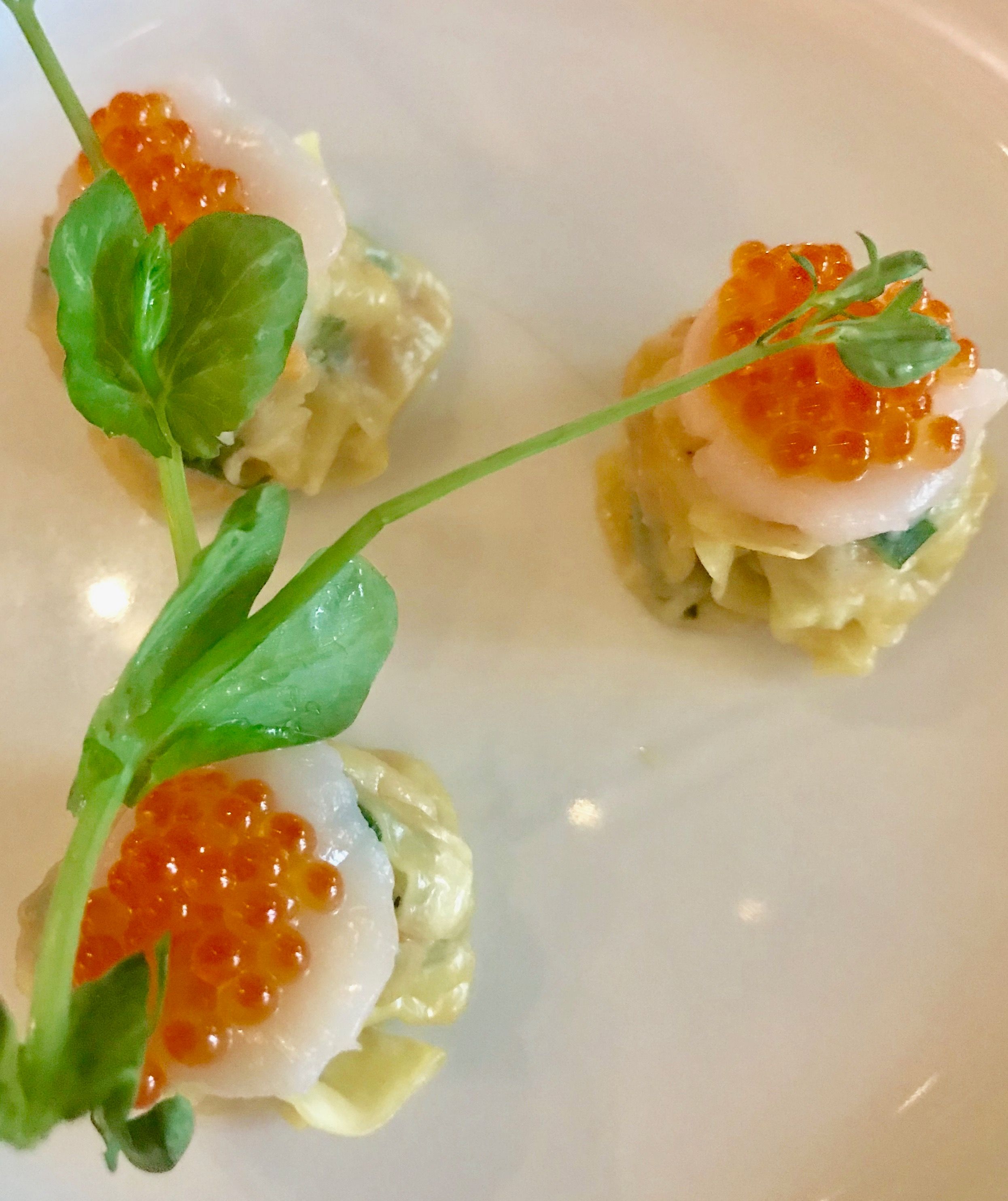 Dumplings med kamskjell og scampi er gode. 