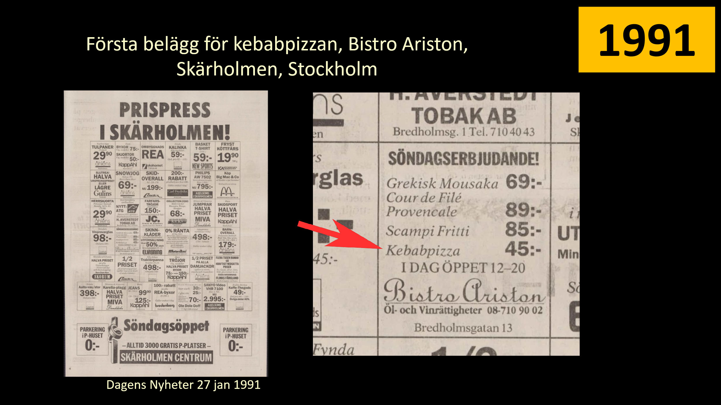 Den første nedskrivningen av kebabpizza stammer fra 1991 og er en annonse i Dagens Nyheter (den svenske ekvivalenten til Aftenposten, faktisk).