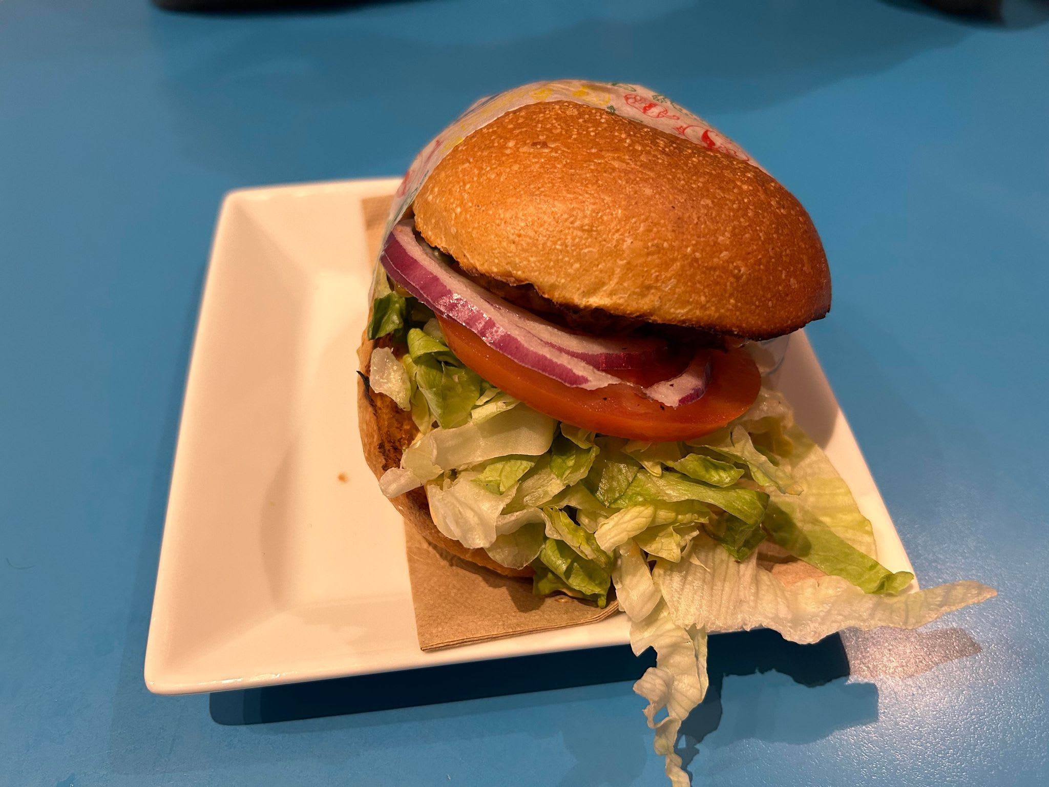 Dette er cheeseburgeren vi fikk. Her får man nesten ikke øye på pucken på grunn av all salaten. 