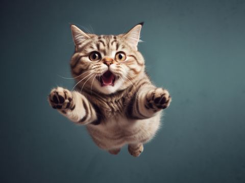 Morsomt illustrasjonsbilde av en katt som hopper rett opp i luften med potene rett frem og munnen åpen.