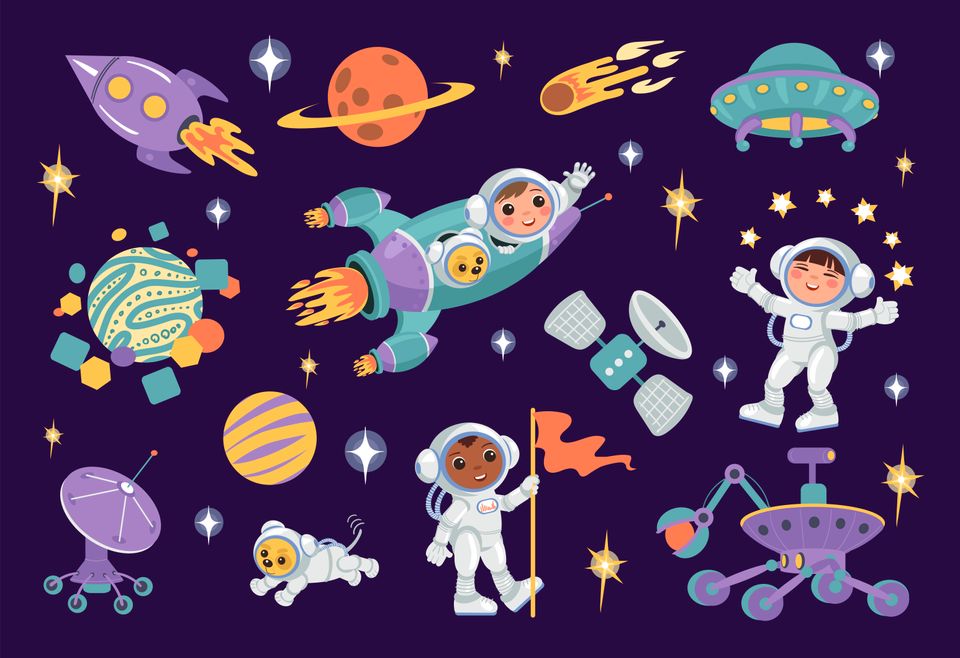 En illustrasjon/tegning av mange forskjellige barn i romdrakter, raketter, planeter, asteroider og hunder i romdrakt spredt utover en mørkelilla bakgrunn.