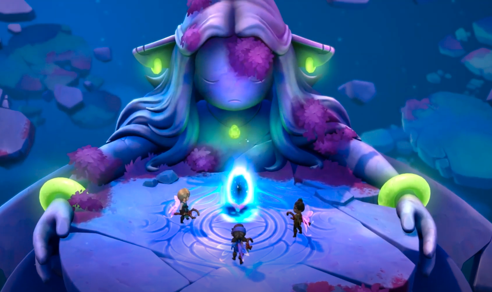 En animasjon viser en spill-scene, der tre små alver står på et salgs stort alter som holdes oppe av en stor, lysende alvestatue. 