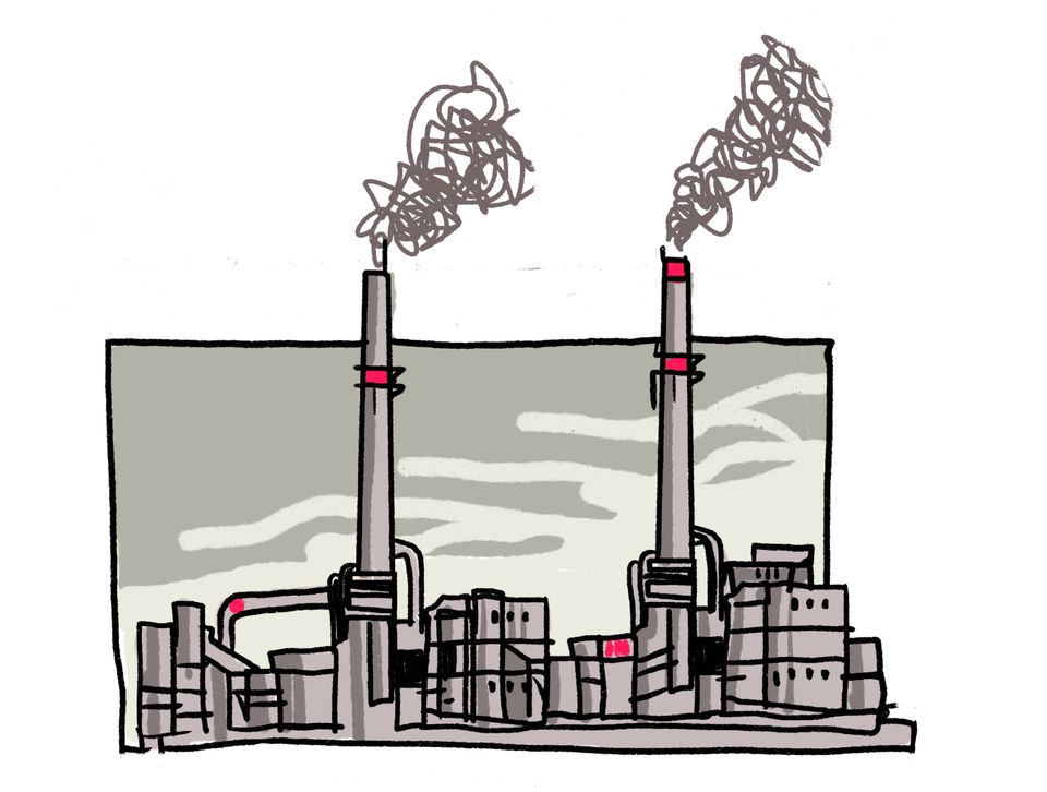 En tegning viser en stor, grå fabrikk eller et kraftverk, med to store piper som slipper ut gass og røyk. 