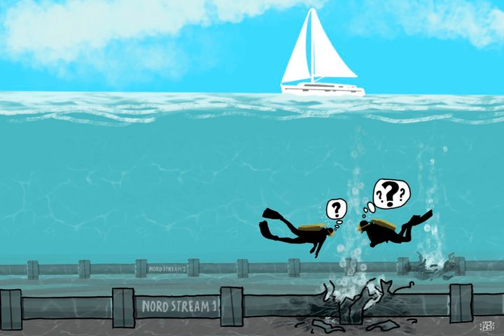 En tegning hvor vi ser to rør som ligger på havbunnen med et stort hull på, og to dykkere svømmer mot hullene og ser undrende på dem og på havoverflaten seiler en hvit seilbåt.