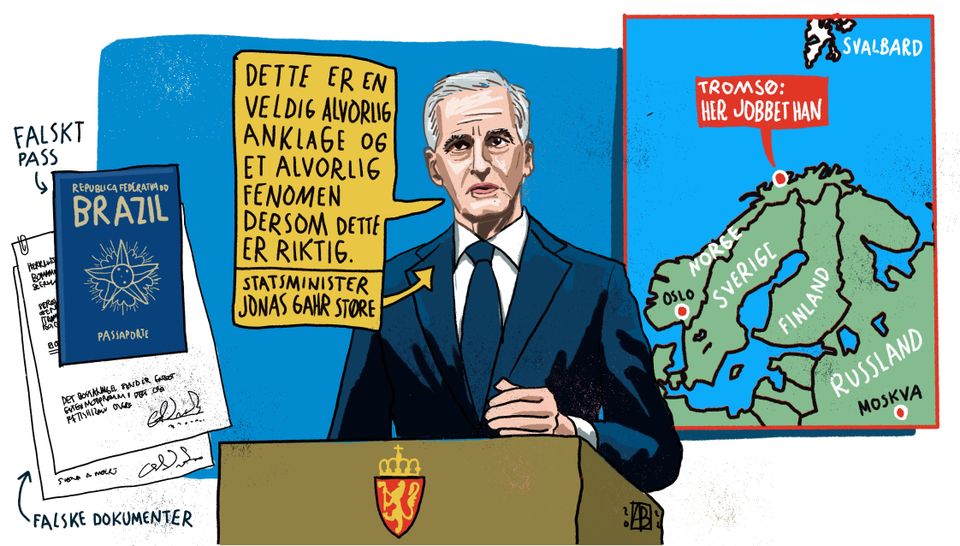 Lengst til høyre, en tegning av Norge, Sverige, Finland og Russland med Tromsø i røde bokstaver. Statsminister Jonas Gahr Støre står ved siden av med grått hår og blå dress, med en tegning av et blått, brasiliansk pass og papirer bak.