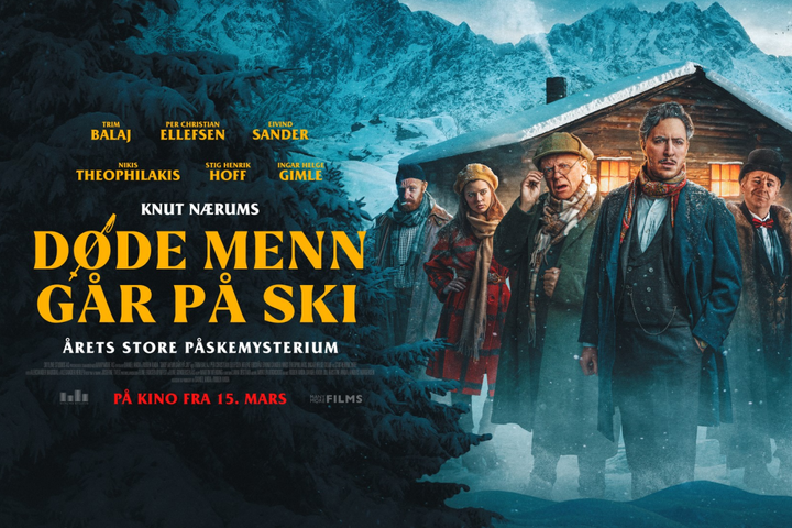 En filmplakat for "Døde menn går på ski" hvor seks voksne står foran en hytte og ser skeptiske ut