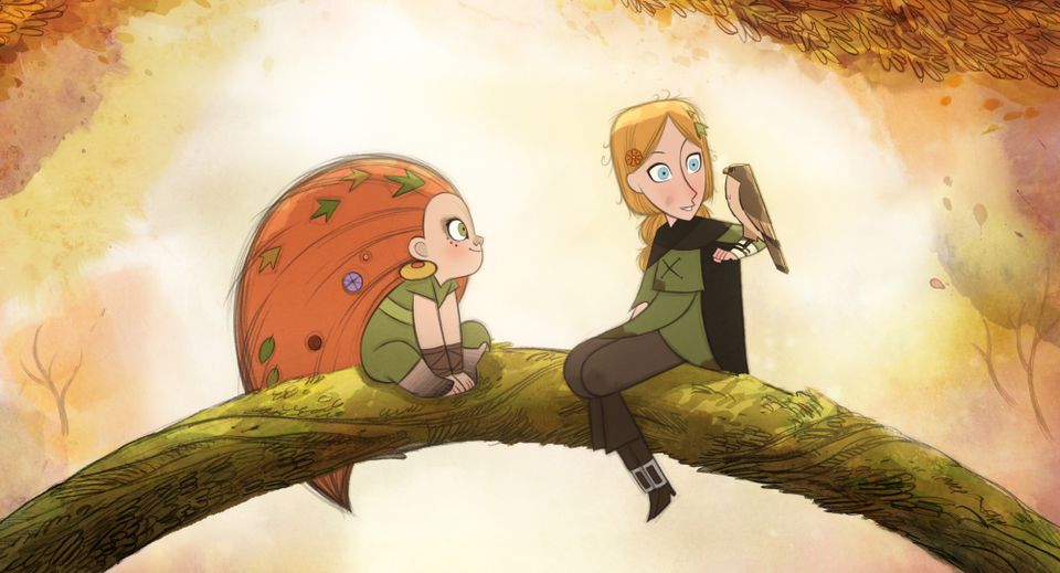 Jente med vilt rødt hår sitter på en gren sammen med en blond jente med en fugl på skulderen. Tegneserie.