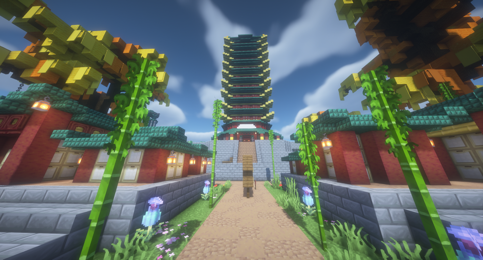 Bilde fra Minecraft av et rødt og grønt tempel. 
