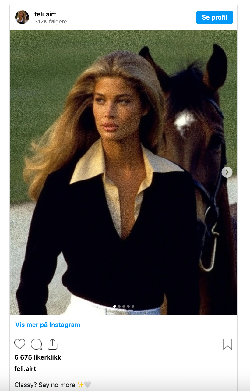 Utklipp av Instagram av et bilde av en blond kvinne som går ved siden av en brun hest.