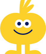 En gul Aftenposten Junior maskot som har to bein, tre hårtuster som stikker rett opp og et bredt smil i ansiktet. 