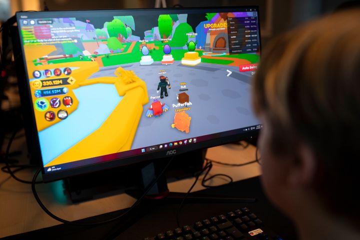 Bakholdet til en gutt som sitter foran en PC-skjerm hvor det er figurer som går rundt i et spill. 