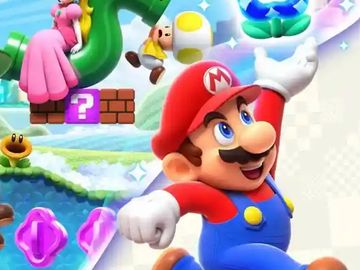En bilde fra et spill hvor en mannefigur med bart, blå kjeledress og rød lue løper og holder en blå blomst og det er en prinsesse i rosa kjole og andre ting i bakgrunnen.