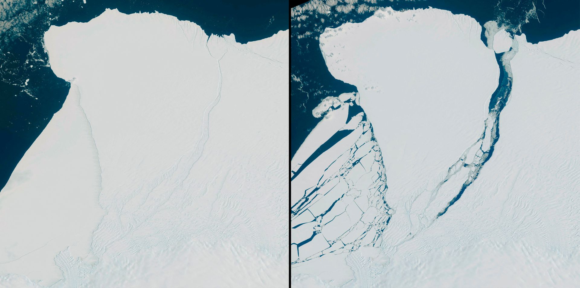 Et bilde tatt fra verdensrommet viser et før og et etter at et enormt flak med is løsnet og fløt ut i sjøen.
