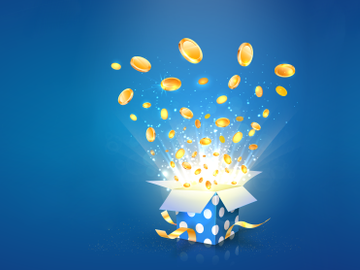 En animasjon viser en blå gaveeske som det spruter gullmynter opp fra.