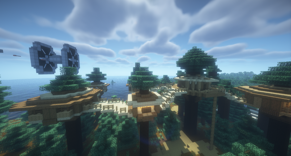 Bilde fra Minecraft av en slags landsby med hus i trærne. 