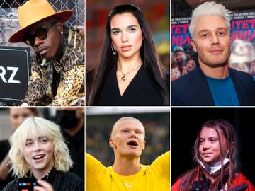 Bildekollasje av seks kjendiser: DaBaby, Dua Lipa, Herman Flesvik , Billie Eilish, Erling Braut Haaland og Greta Thunberg.