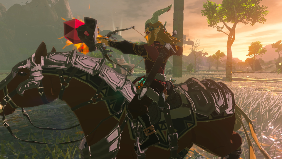 En figur i et spill holder en pil- og bue og sitter på en hest.