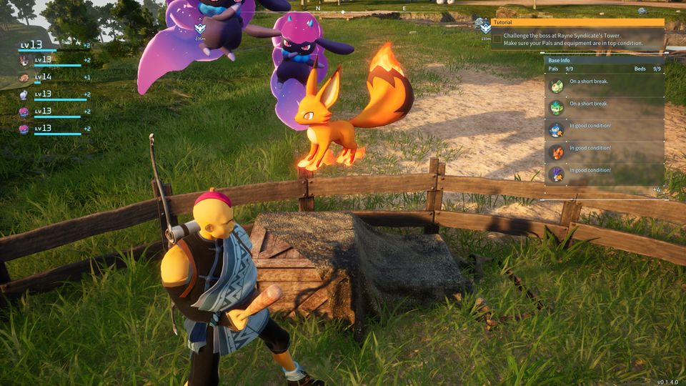 Bilde fra et spill hvor det er en mannekarakter og bak et gjerde står en flammende revefigur. 