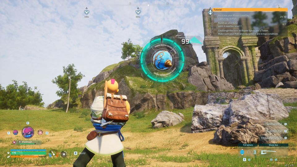 Bilde fra et spill hvor en mannekarakter har kastet en blå kule med en grønn lysende sirkel rundt.
