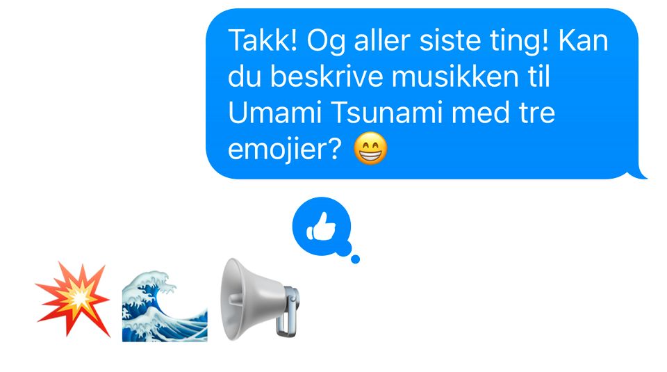 Et skjermbilde av en SMS-samtale med en melding i en blå boks og svaret under er tre emojier av en eksplosjon, bølge og megafon. 