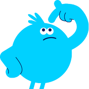 En blå maskot peker mot toppen av hodet og har et undrende ansiktsuttrykk.