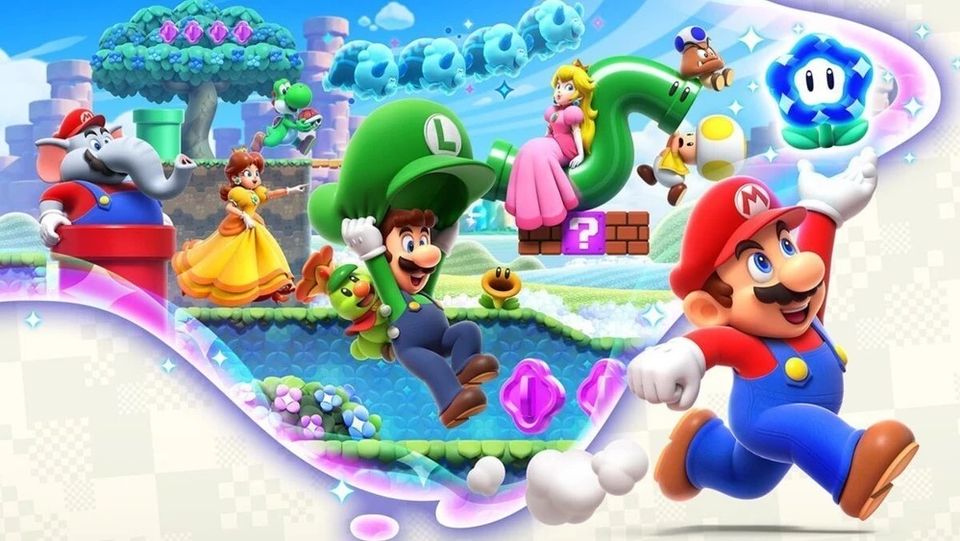 Et bilde fra et spill med blant andre Mario, Luigi og Peach.