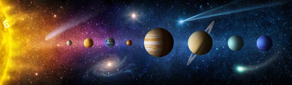 En animasjon viser alle de åtte planetene i vårt solsystem, som står på rekke og rad til høyre for Solen, i det som er korrekt rekkefølge.