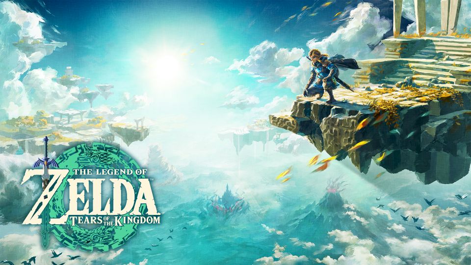 Et skjermdump viser en animert scene fra et spill, der en slags øy flyter i himmelen, og det står "Zelda" i det venstre hjørnet. 