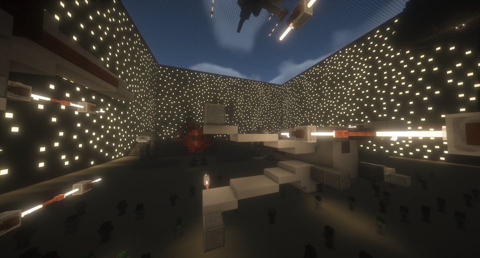 Bilde i Minecraft av innsiden av et bygg og det er mange små lys på veggene. 