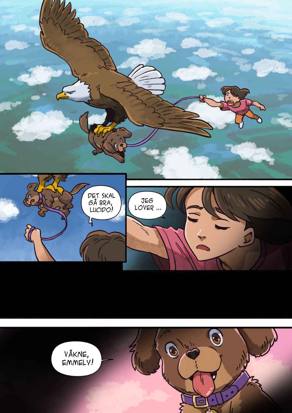 En tegneserieside som viser en ørn som flyr avgårde med en jente og en hund, og at jenta sier til hunden at det skal gå bra, før den vekker henne.