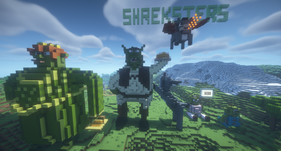 Bilde fra Minecraft av en stor shrek-figur og et flygende esel.
