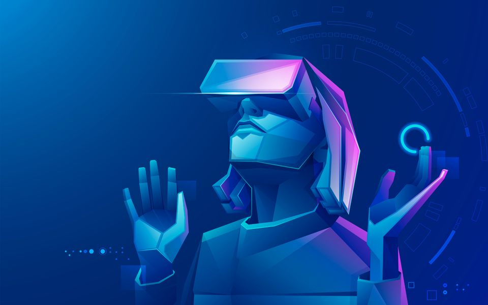 Blå og lilla animasjon av en jente som gamer med VR-briller.