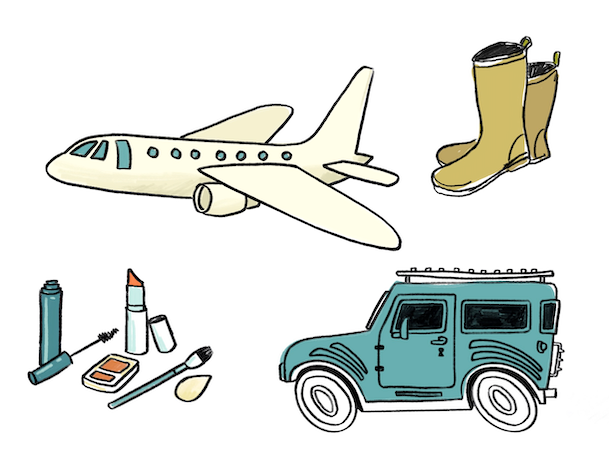 En tegning av fire forskjellige ting: Et fly, sminke, gummistøvler og en gammeldags bil.