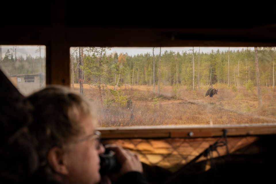 En mann ser ut av et vindu i et lite skur på en bjørn. 