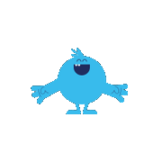 En blå og rund maskot smiler og vinker med armene.