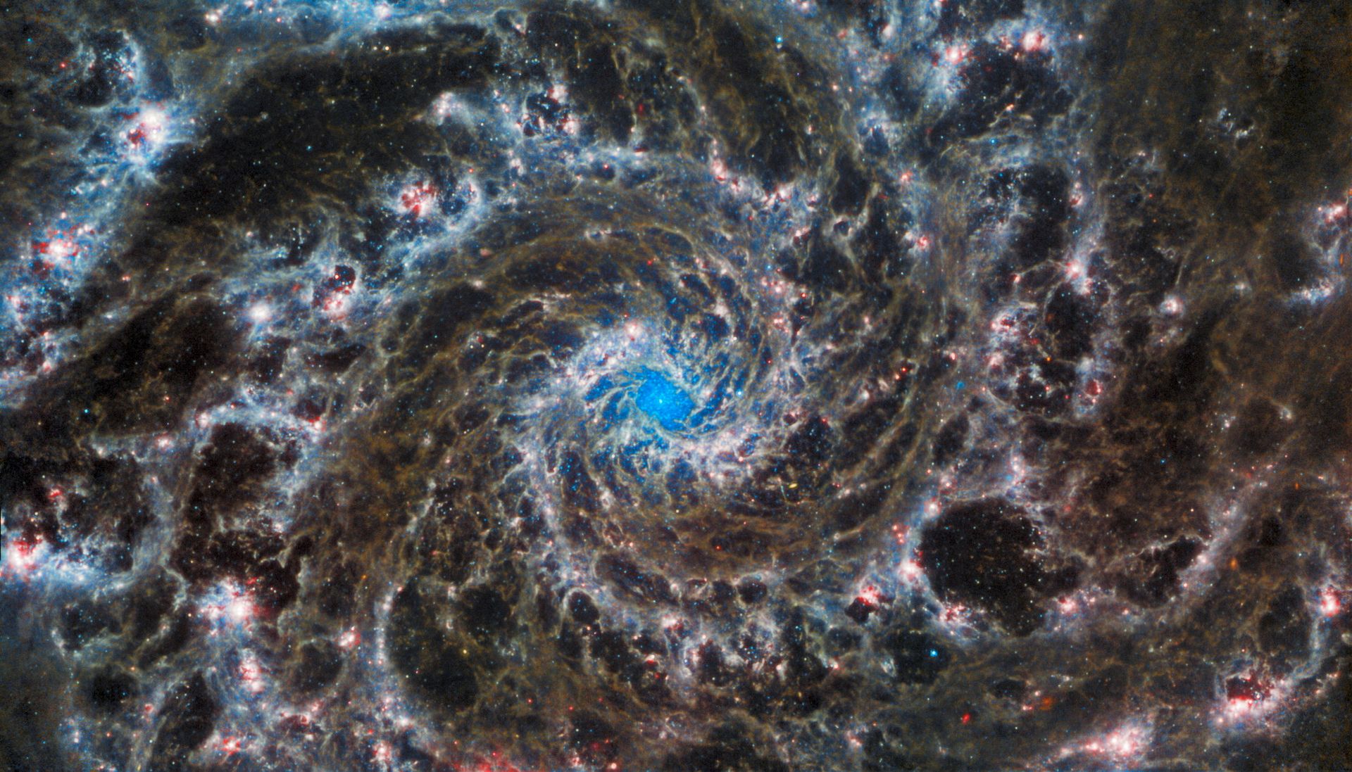 Mange lysende punkter i forskjellige farger former en slags spiral mot den mørke bakgrunnen av verdensrommet.