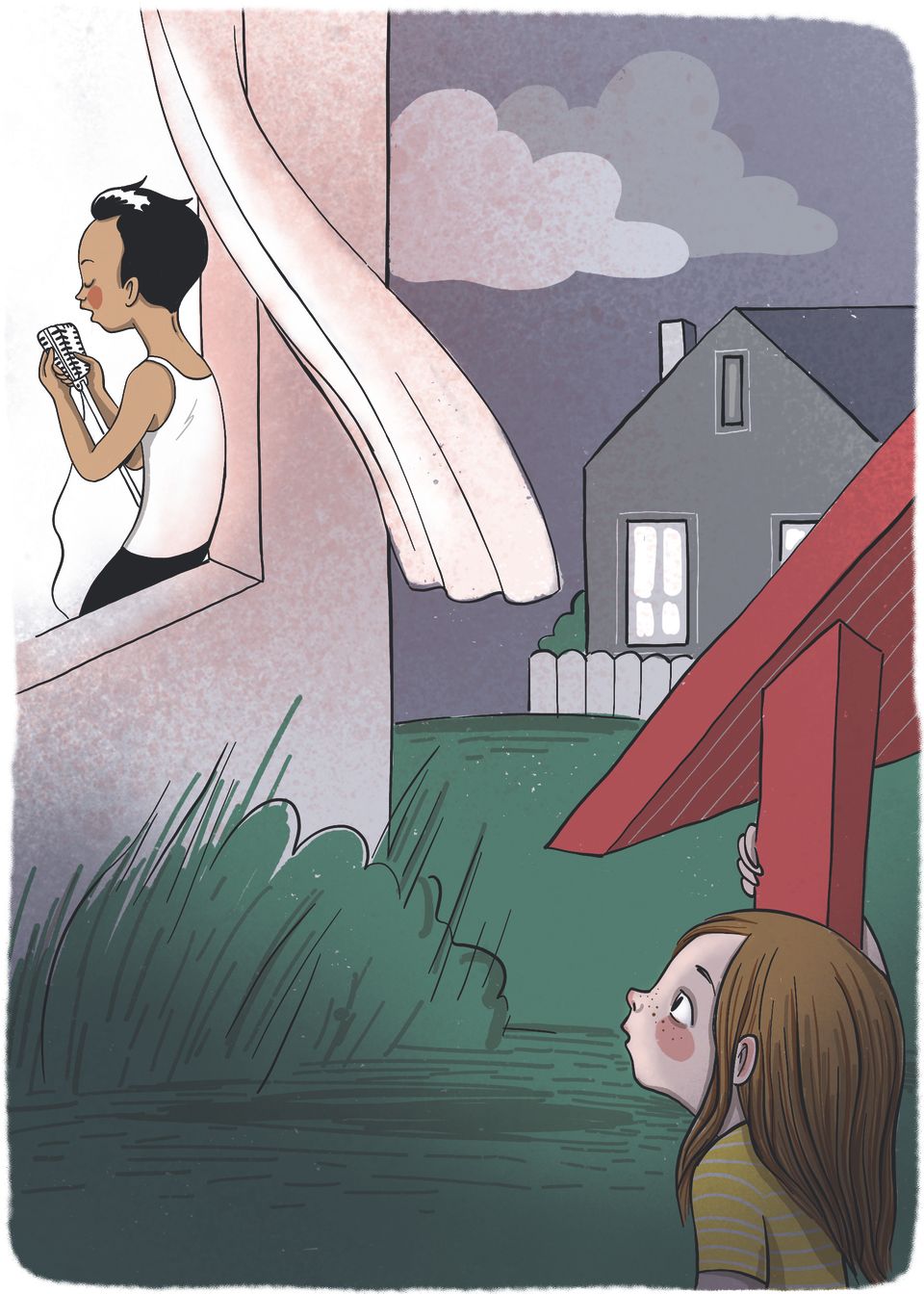 Illustrasjon av en jente med mørkt, langt hår, som kikker opp mot et soveromavindu, der en gutt med svart sleik synger inn i en mikrofon. 