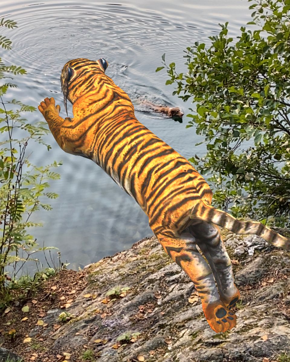 En 3d-figur av en stripete tiger tar sats fra en fjellknaus og nedenfor svømmer en brun hund i en innsjø.